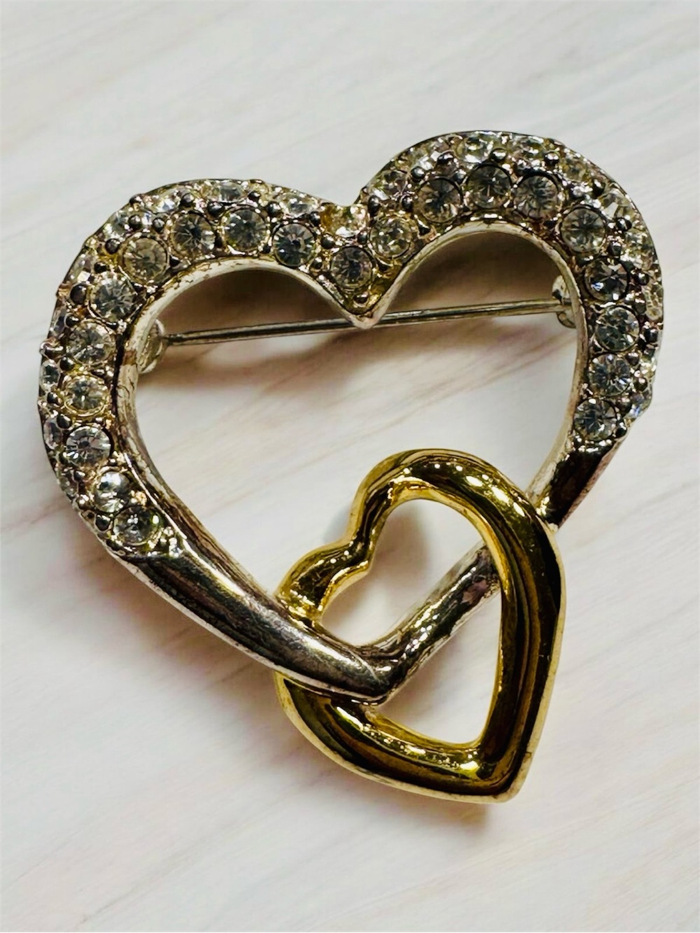 Vintage Napier Heart Double-Link Brooch with Rhinestones - Gold & Silver